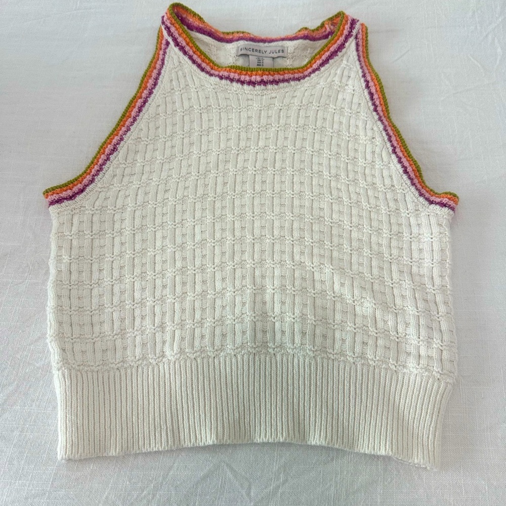Sincerely Jules Cream Knit Tank with Multicolor Trim